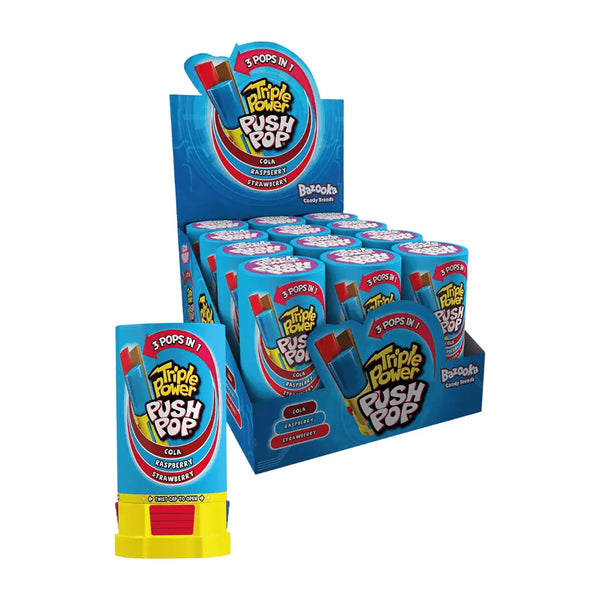 Bazooka 3 Pops in 1 Triple Power Push Pop Cola Raspberry Strawberry 12x34g (2)